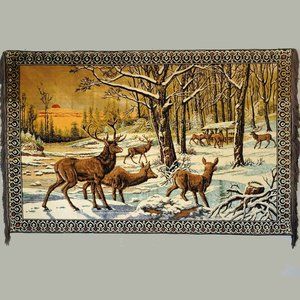 Tapestry Outdoor Winter Scene with Several Deer.  Made in Germany